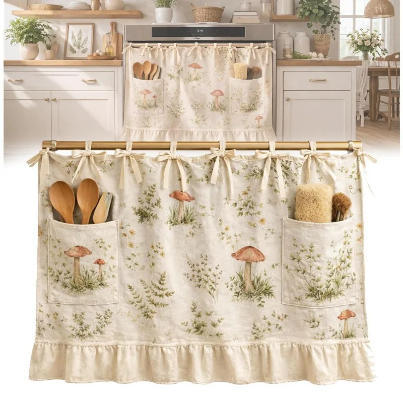 2pcs Vintage Harvest Fabric Window Valance Dual Storage Pockets Tie Up Design Kitchen Half Curtain Decor