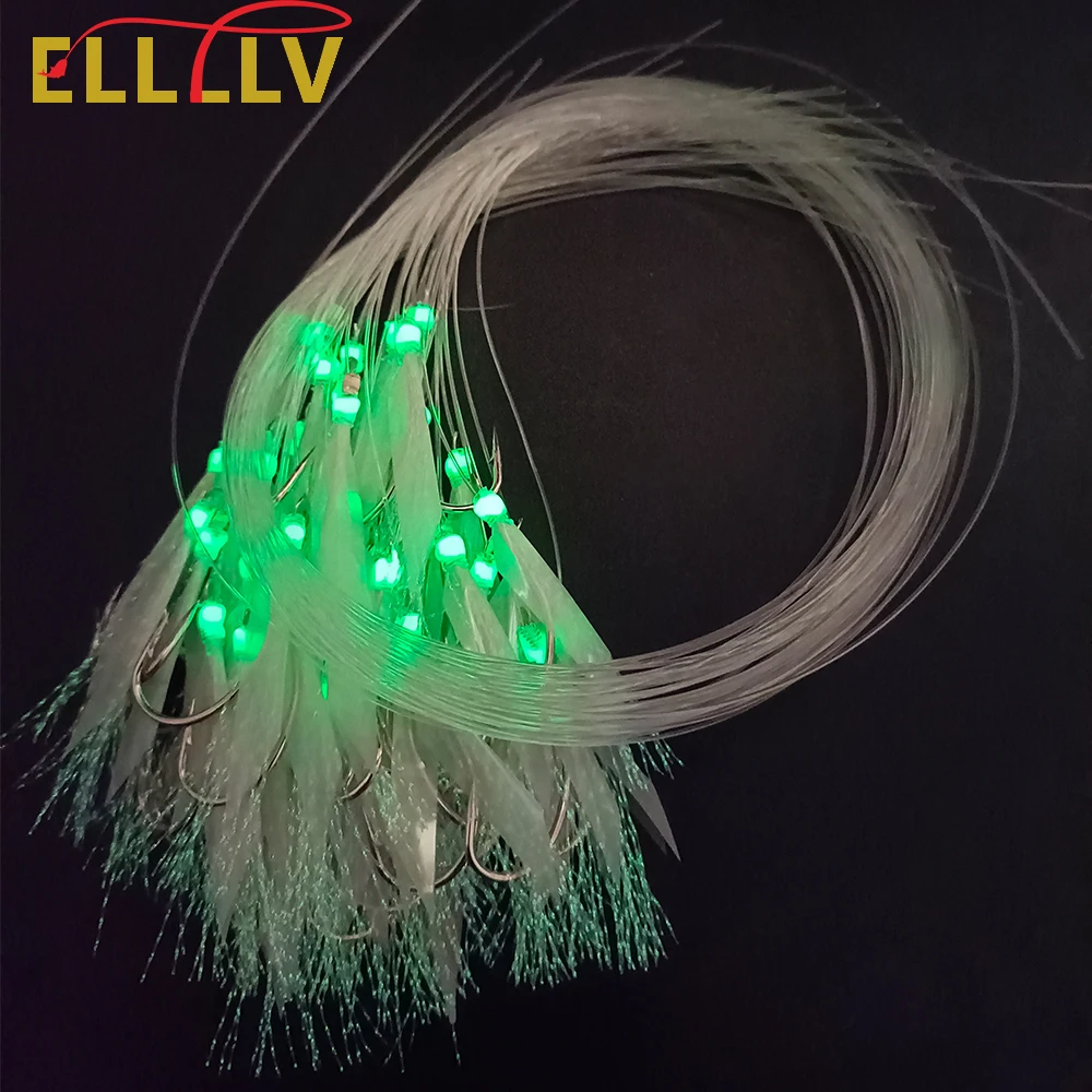 Elllv 50pcs 6# -28# Pre Tied Flash Fish Skin Sabiki Rigs Monofilament Line Saltwater Mackerel Herring Fishing Luminous Lure Hook