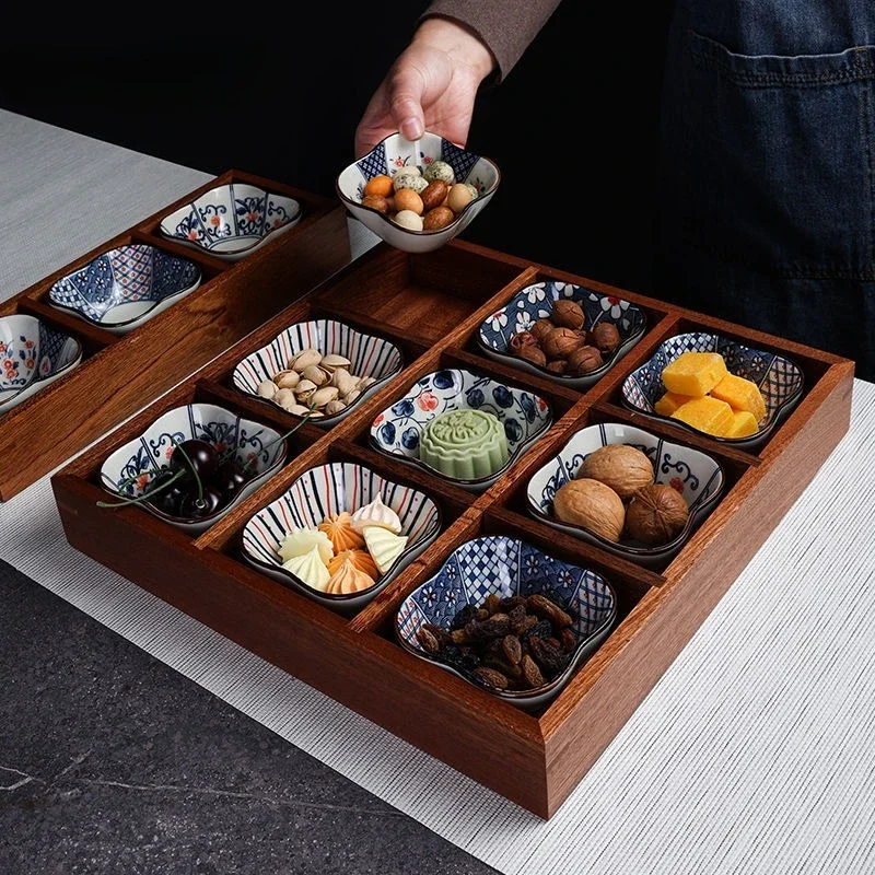 Furnace Brewed Tea Chinese Tea Point Plate Wooden Tray Multi-grid Dried Fruit Plate Snack Solid Wood Grid Fruit Plate