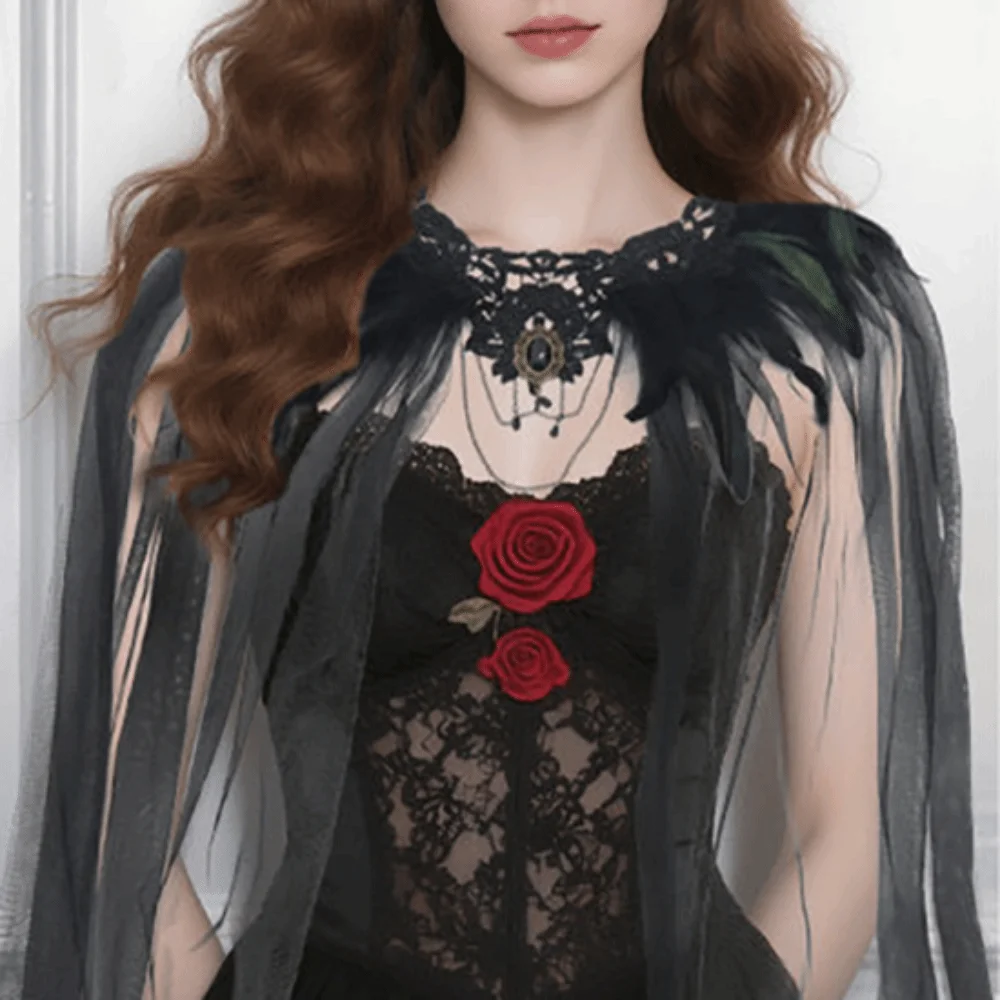 

Casual Gothic Witch Shawl Feather Crystal Halloween Cloak Funny Black Tulle Cape Kids