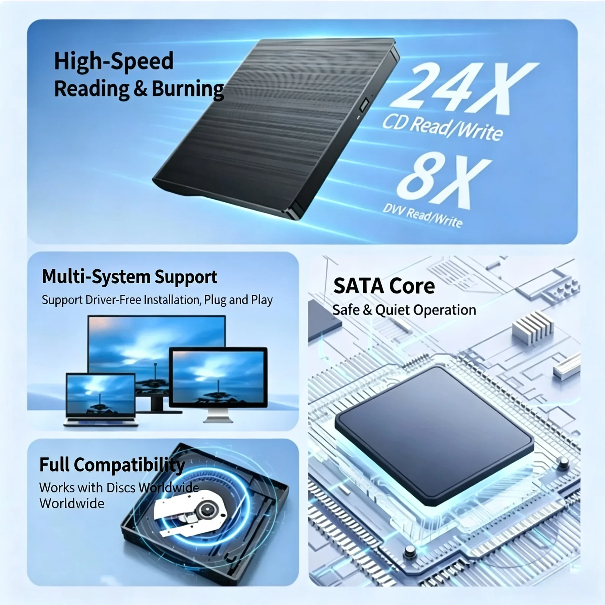 Externes DVD-Laufwerk für Notebooks, USB 3.0/Type-C-kompatibel, CD-Lesegerät, optischer Disc-Brenner für Laptops – Detail 3