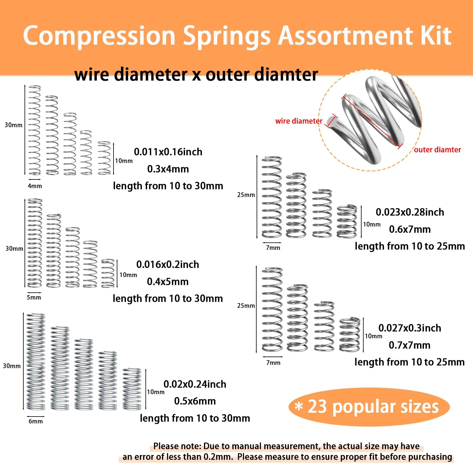 300PCS Compression Springs Assortment Kit 23 Different Sizes Small Spring 304 Stainless Steel Springs for DIY Repair Project