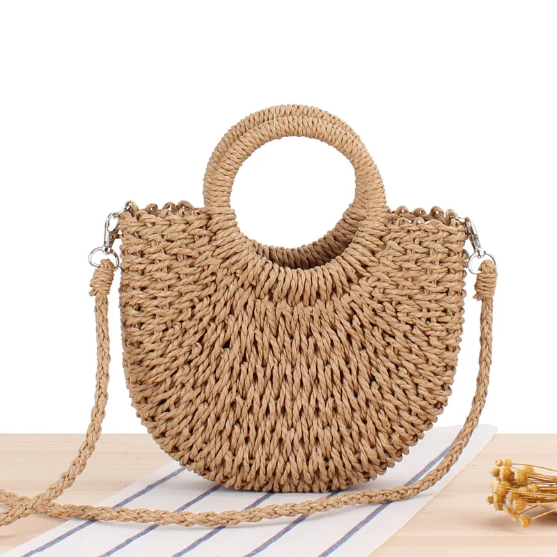 Borsa da spiaggia a mezza luna in Rattan di paglia intrecciata a mano borsa a tracolla a tracolla scavata estiva da donna di grande capacità