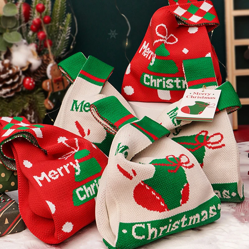 

Merry Christmas Knit Handbag Mini Knot Wrist-bag Female Tote Bag Reusable Shopping Bag New Year Xmas Gift Bag