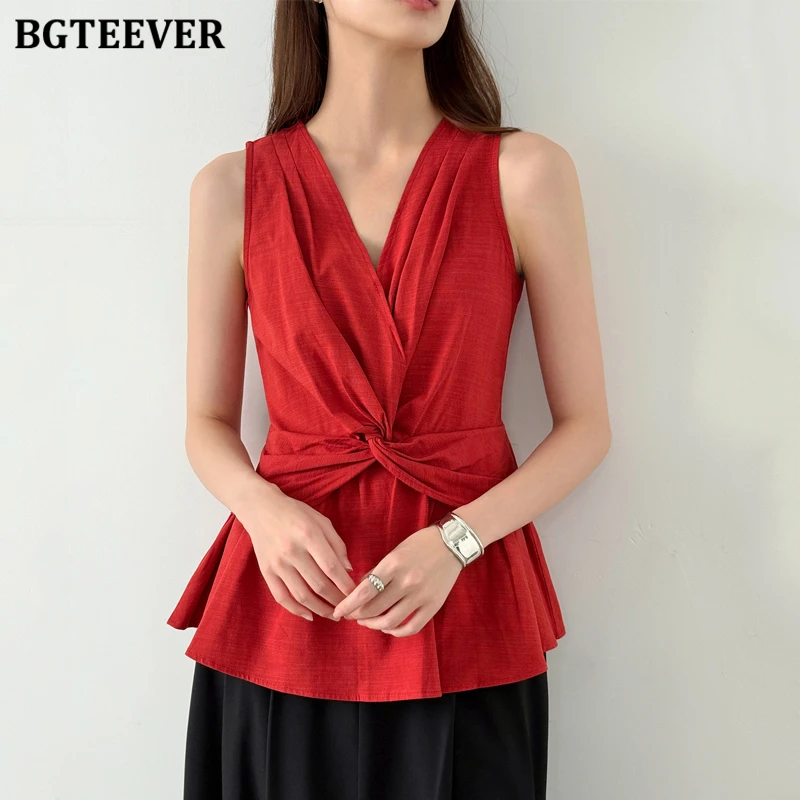 Bgteever verão elegante com decote em v cintura fina senhoras blusas camisas elegantes sem mangas pullovers coletes femininos topos