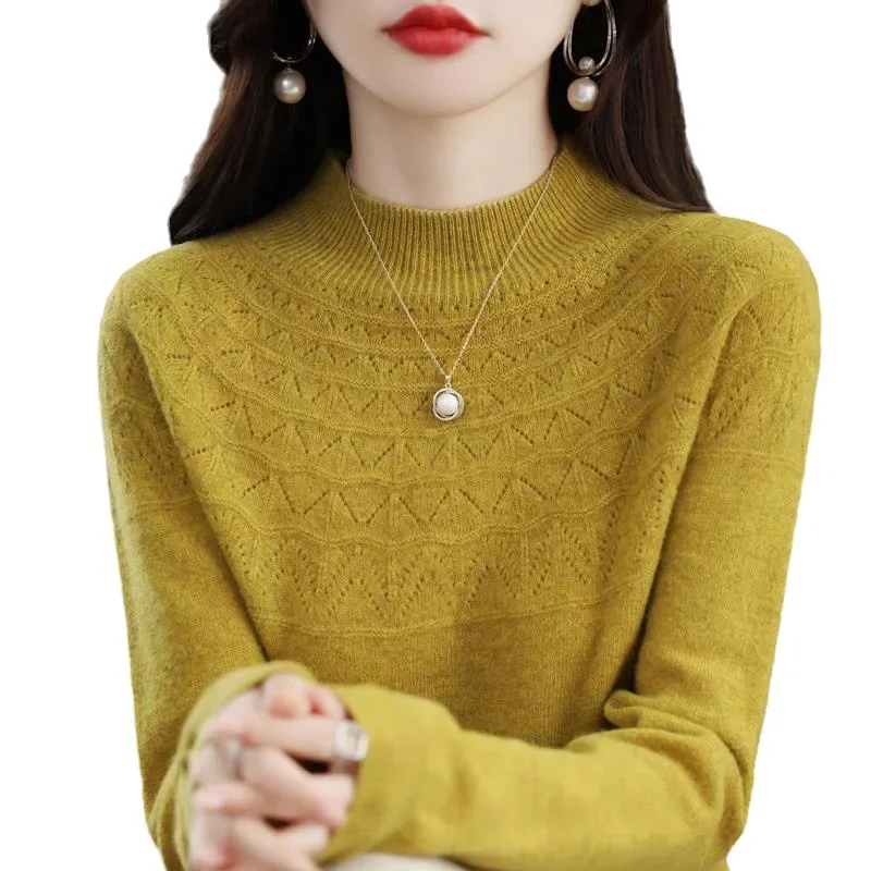 2023 Winter Fashion Women\'s Sweater Woold Mock Neck Cashmere Knitted Long Sleeve Female Tops Keep Warm Elegant Clothing