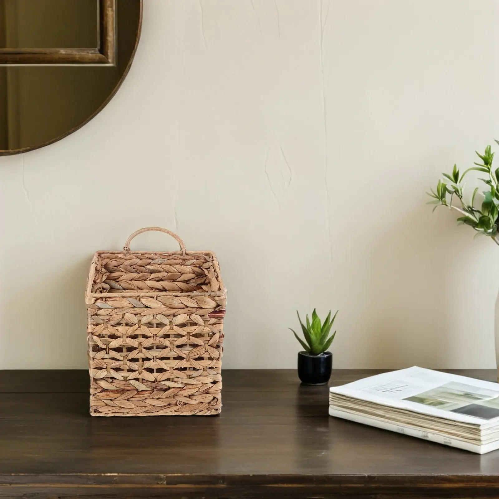 Wicker Hanging Storage Basket Wall Mounted Natural Rattan Organizer Magazine Mail Holder Hanging Plant Basket Woven Wall Decor view 3