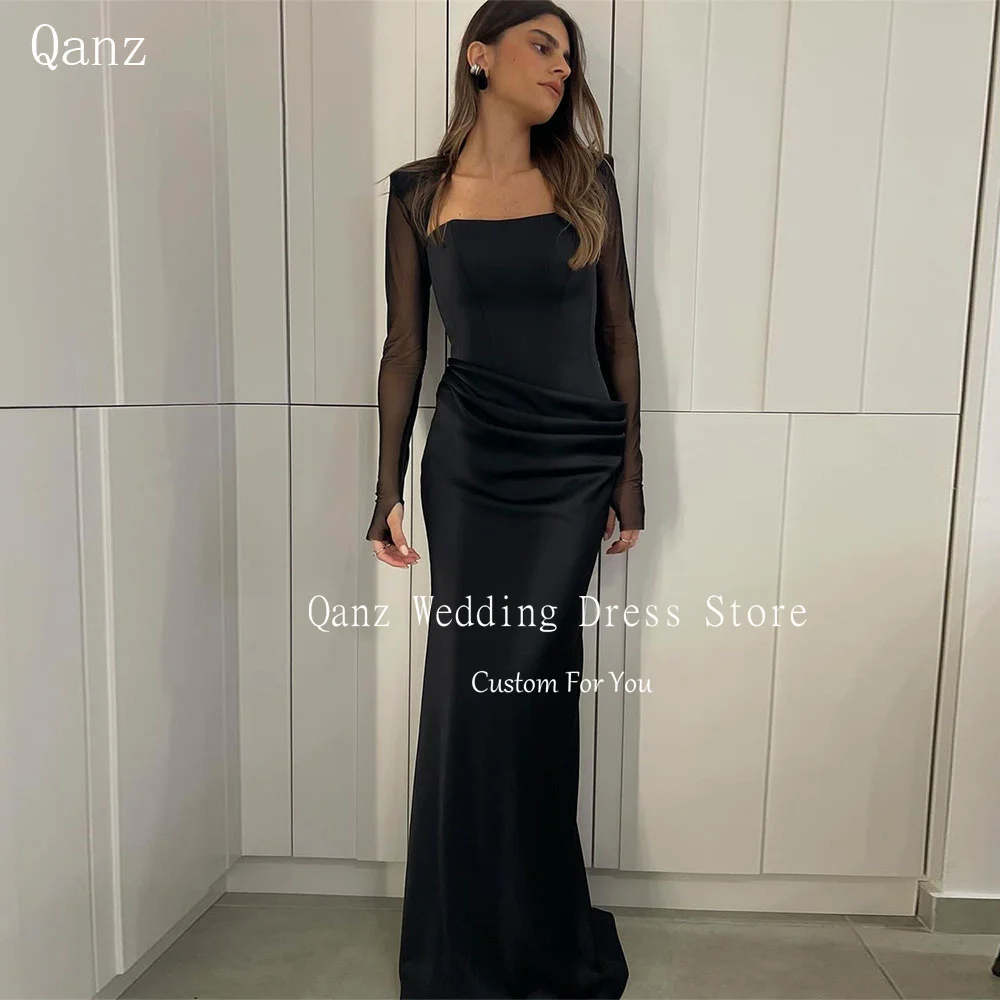 Qanz Black Simple Evening Dresses Long Sleeves Mermaid Satin Vestidos De Fiesta Strapless Customized Dress for Special Occasions