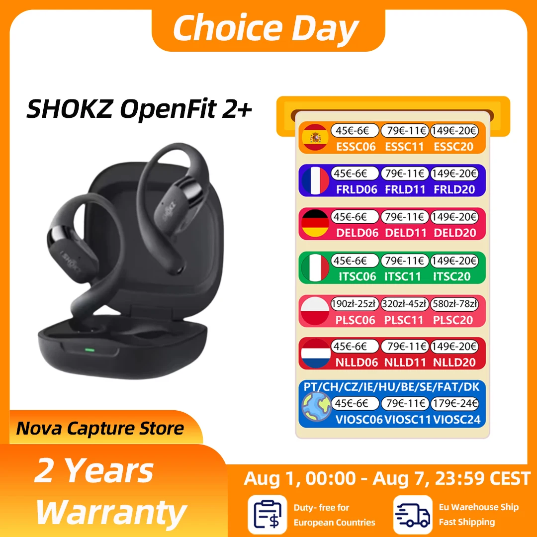 SHOKZ OpenFit 2+ Freihändige Kopfhörer Dolby Audio Kompatibel 48 Stunden Akkulaufzeit IP55 Wasserdicht USB-C Kabelloses Laden Neu T921