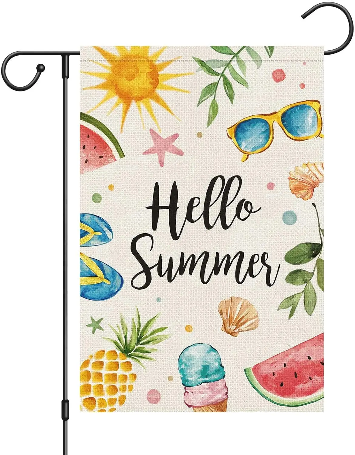 Hello Summer Garden Flag 12x18 Inch Double Sided Vertical, Small Burlap Colorful Sun Ice Cream Fruits Beach Sign Yard Outdoo