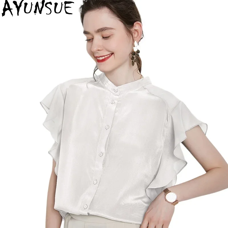 AYUNSUE 100% Real Mulberry Silk T Shirt Women Summer Clothes Casual Tops Essentials Korean Fashion Cute Top 2024 Топ Женский