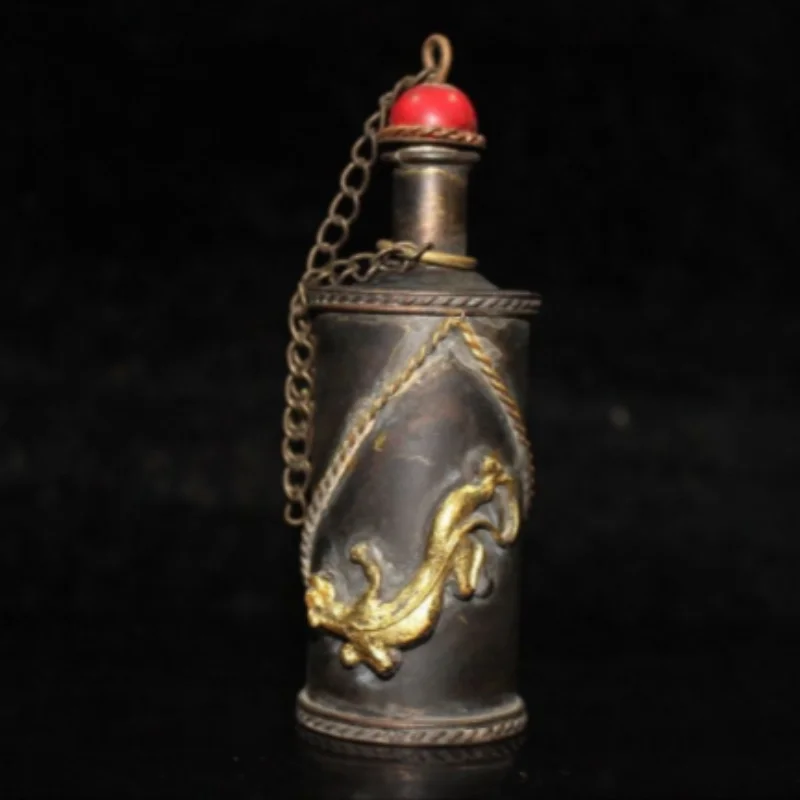 Antique Copper Gilt Dragon Relief Snuff Bottle - Auspicious Folk Art Display, Oriental Collectible Craft