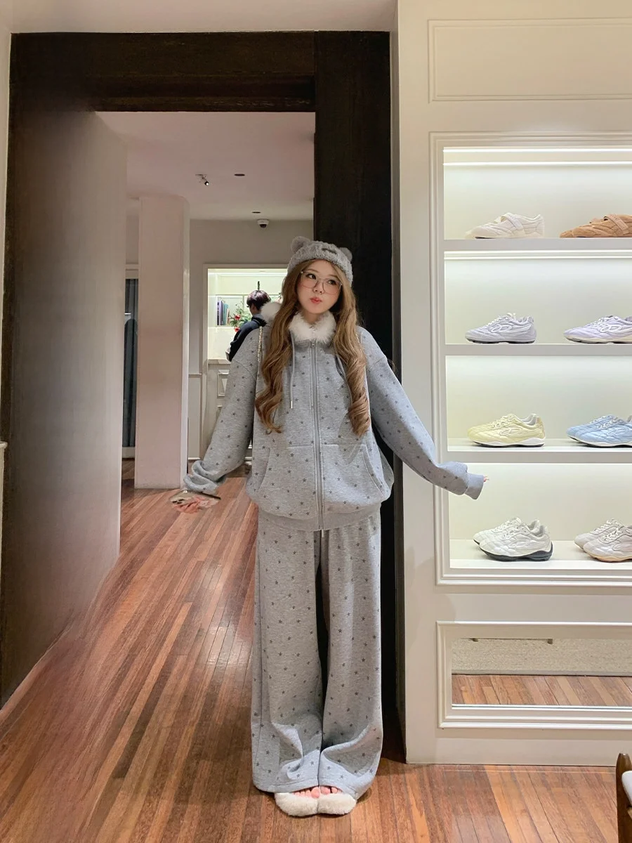 

Annie Silver Fur Hooded Jacket And Pants Set Women's plus Size Casual Sweatshirt Two-Piece Suit Star Print Warm Thickened
