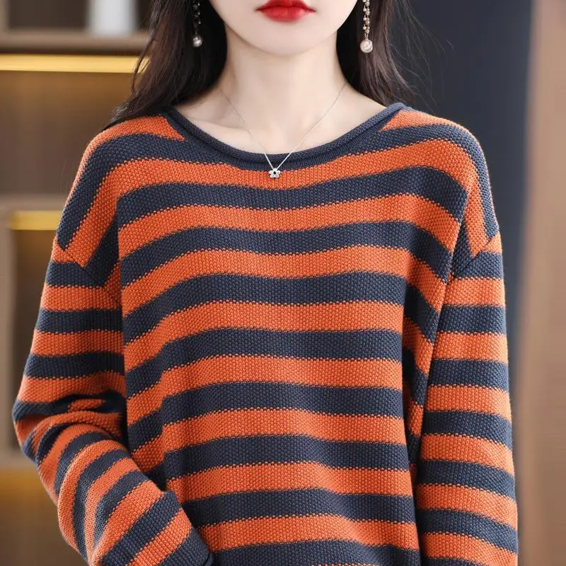 

Women's Spring Autumn Fashion Round Neck Pullover Stripe Contrast Panel Casual Versatile Long Sleeve Loose Sweater Knitted Tops
