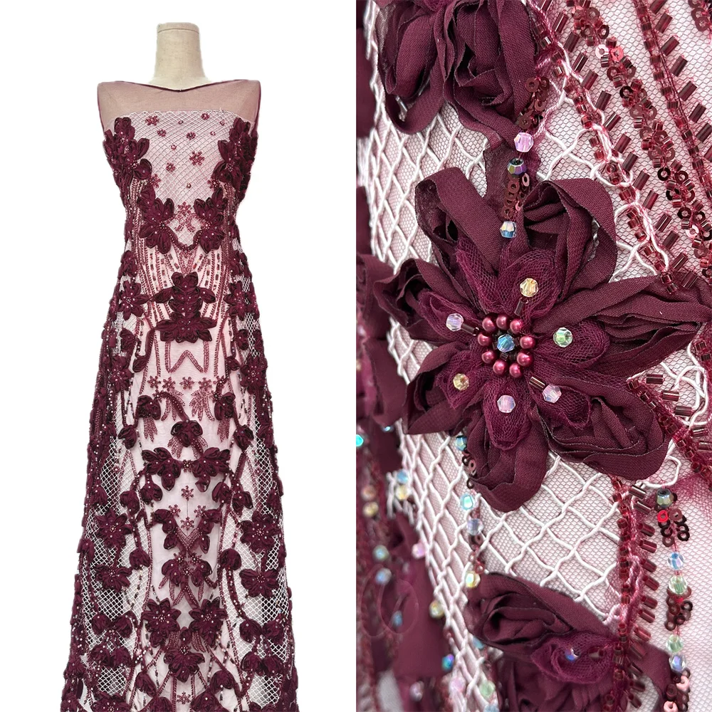 

Burgundy African Flower Embroidery Beaded Lace Tulle Fabric 2026 French Sequins Lace Fabric for Women's Dresses Wedding Dresses