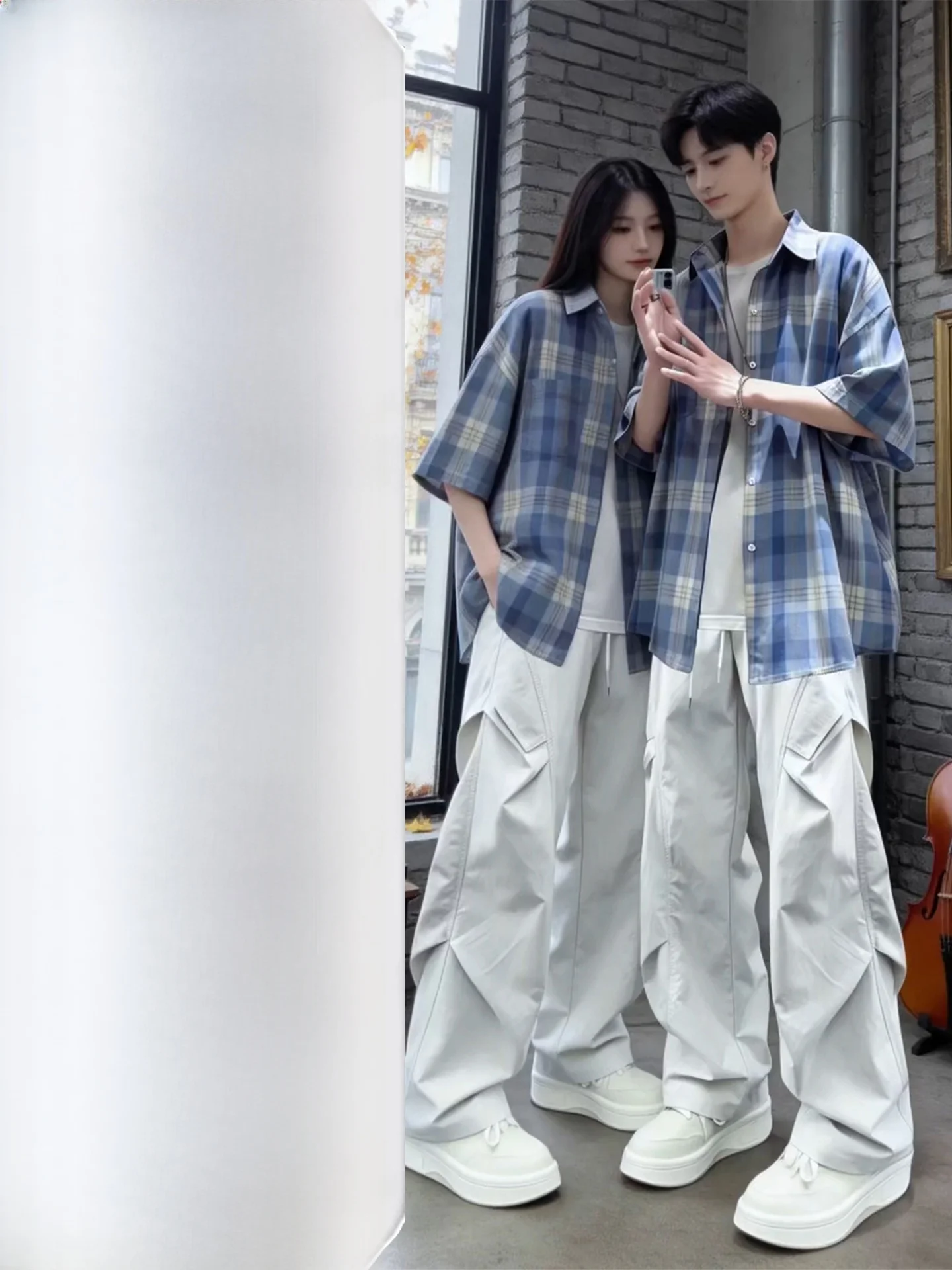 

American Plaid Short Sleeve Shirt Men's Summer High-End Feeling Shirt Jacket Dry Fast Running Pants Set Couple Casual Sports