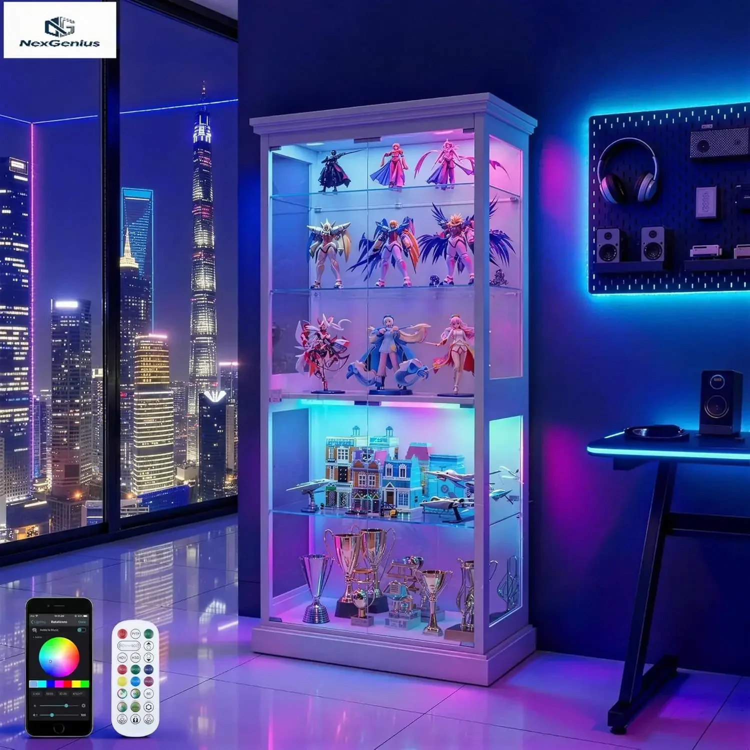 Tall White Glass Display Cabinet 5 Tier Curio Case Rotating Turntable Removable Shelves Human Body Sensor Collectibles Lego Stor