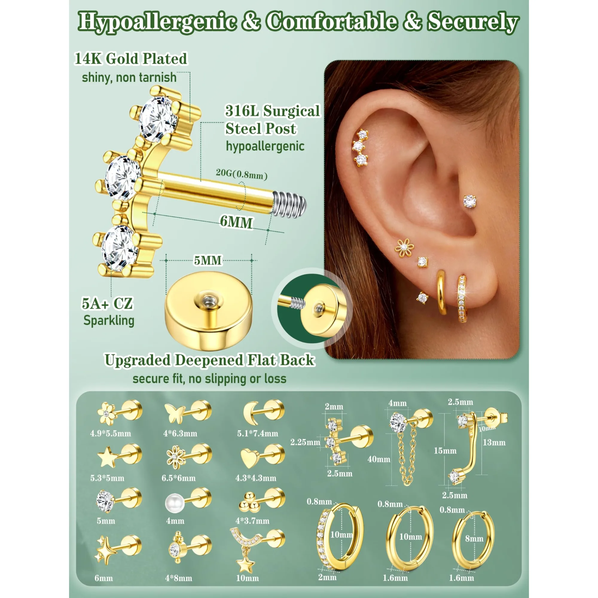 18 Pairs Hypoallergenic Flat Back Earrings Cartilage Earring Stacks 14K Gold Plated Surgical Steel, Dainty Small Hoops Earrings Set for Sensitive Ears Women's Jewelry Gift - view 2