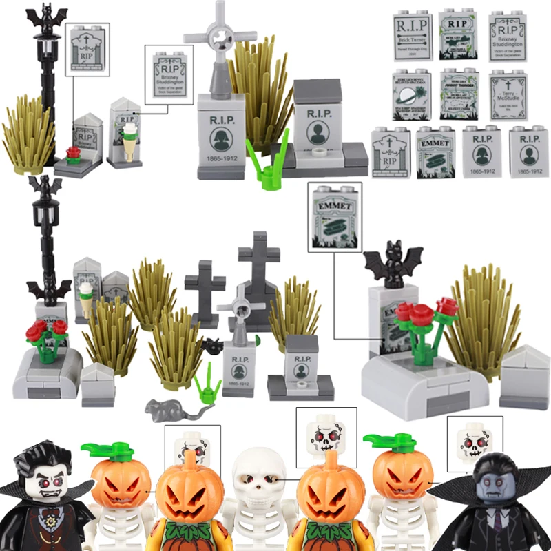 

Building Blocks Figures Halloween Scene Gifts Mini Bricks Toys For Kids Cemetery Tombstone Pumpkin Head Skeleton Bat Flower