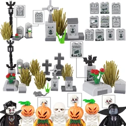 Building Blocks Figures Halloween Scene Gifts Mini Bricks Toys For Kids Cemetery Tombstone Pumpkin Head Skeleton Bat Flower