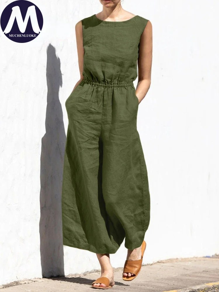 Women's Long Sleeveless Jumpsuit, High Waisted, Loose Wide Leg Pants, Casual Clothing, Monochromatic, Fashion, Summer, 2023