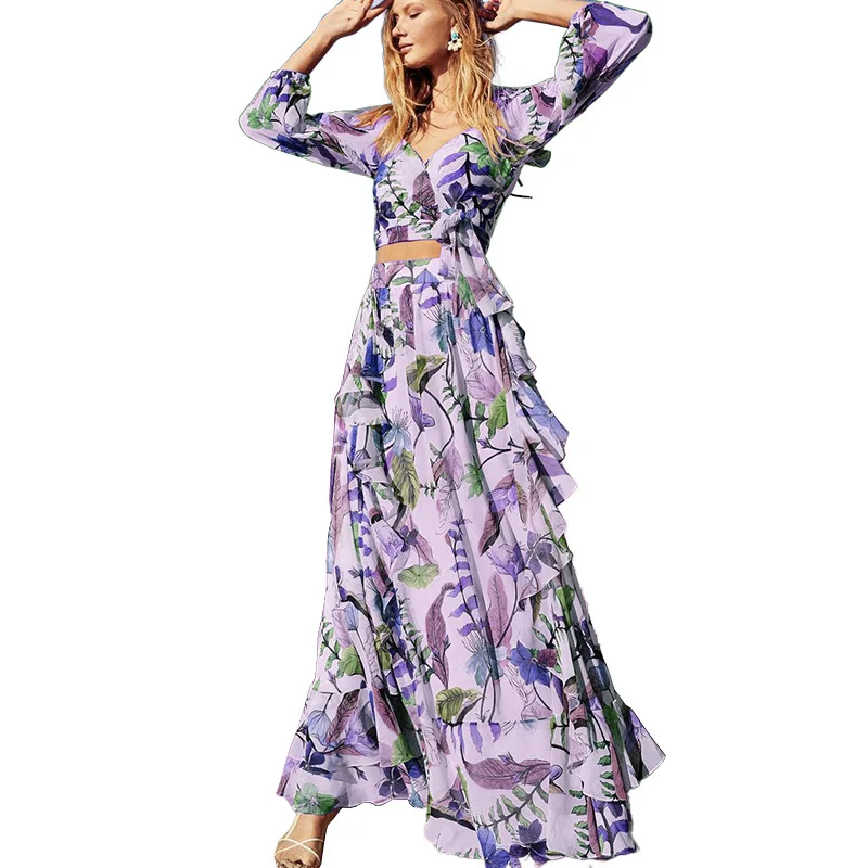 

Sexy V-Ne Printed Top And Skirt Set Women's Faion Ensemble Polyester Material Spring Collection for Ages 25-35