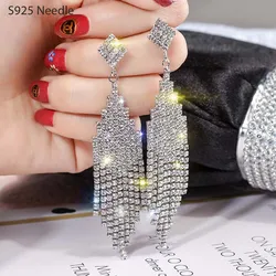 Silver Needle Long Dangle Earrings for Women Jewelry Gold Tassel Rhinestone Female Earrings