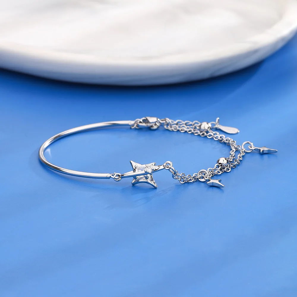 Sterling Silver Color Bracelets for Women Four Pointed Star Charm Female Hand Chain Link Orignal Fashion Jewelry With Stamp