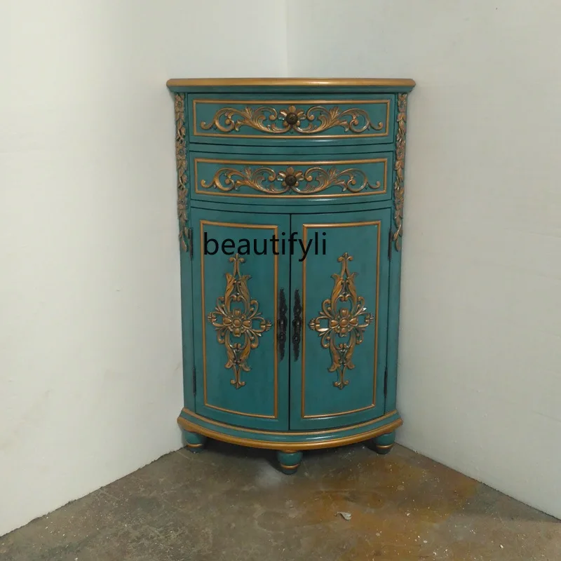 Corner cabinet retro old gold blue engraved corner, living room side cabinet triangular storage