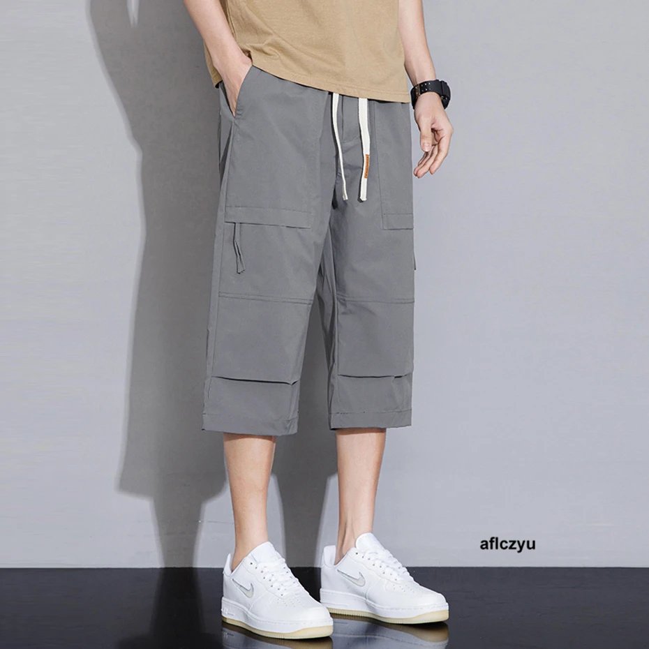 Calf-length Pants Men Solid Color Cargo Pants Fashion Casual Elastic Waist Straight Pants Male