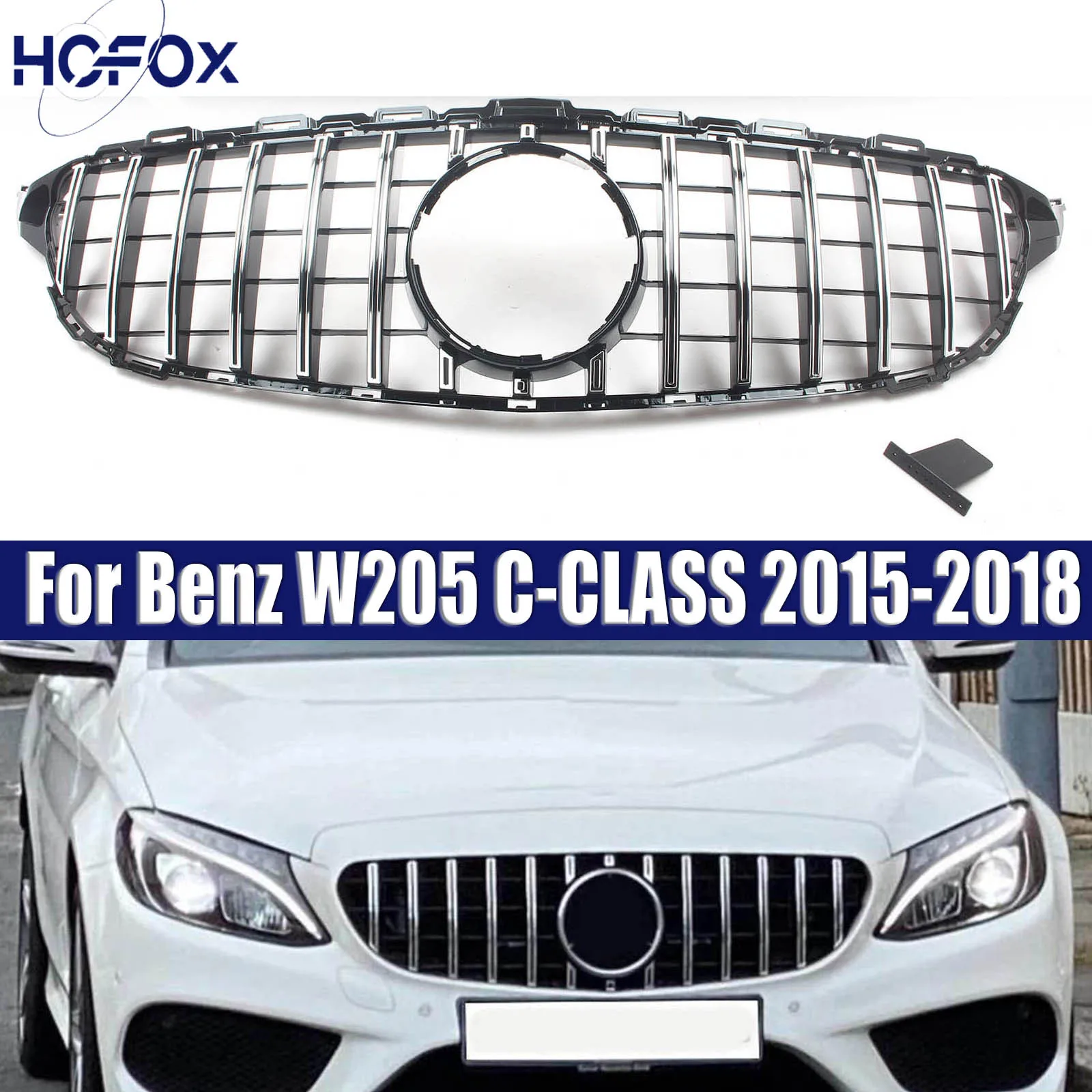 

For Mercedes Benz C Class W205 C205 2014-2018 Black GT Grille Front Grille Without Camera Hole