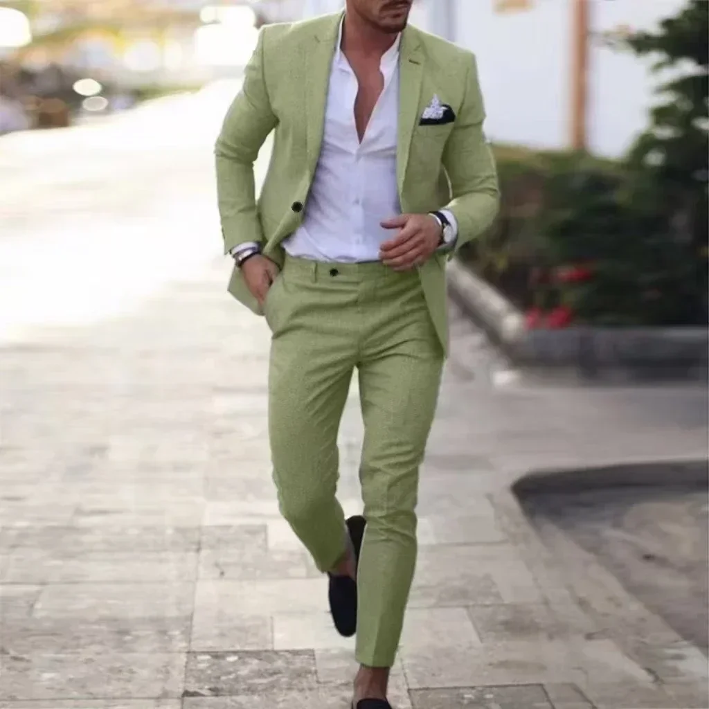 Casual Linen Tuxedo Suits for Men 2 Pieces Blazer and Pants Set Notched Lapel Men\'s Suit for Wedding Summer Beach Prom Party