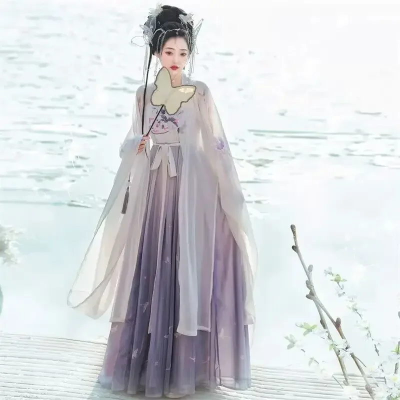 Hanfu ชุดเจ้าหญิงสีม่วงปักลายโบราณชุดคอสเพลย์ผู้หญิงแบบจีนดั้งเดิม2023ฤดูร้อน