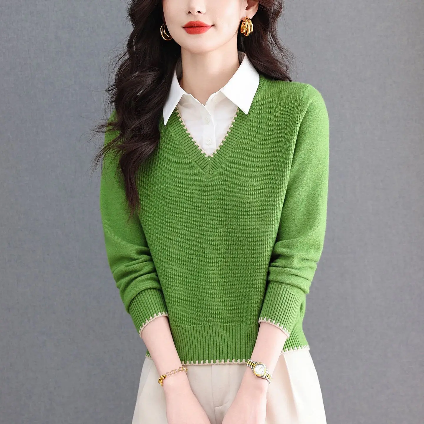 Women Sweater Pullover Patchwork Shirt Collar Fake Two-piece Knit Base Shirt Spring/autumn 2026New Long-sleeve Sweater Outerwear