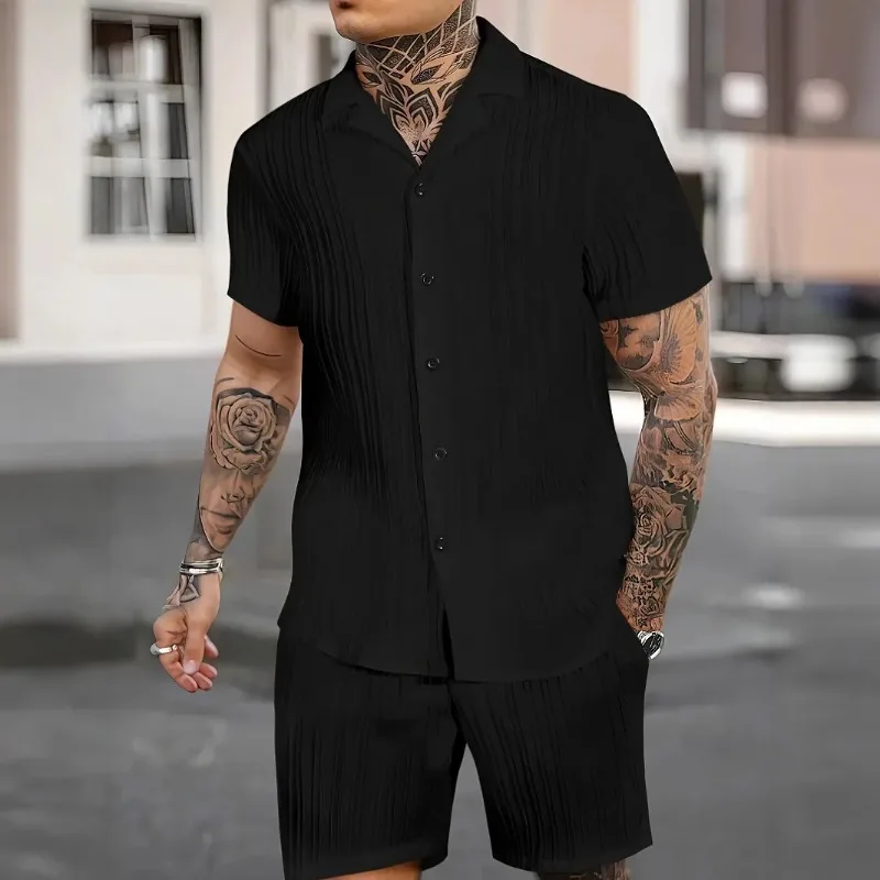 

2026 New Summer Men's Casual Daily Outdoor Travel Solid Color Jacquard Short-sleeved Shirt Drawstring Shorts Two-piece Set