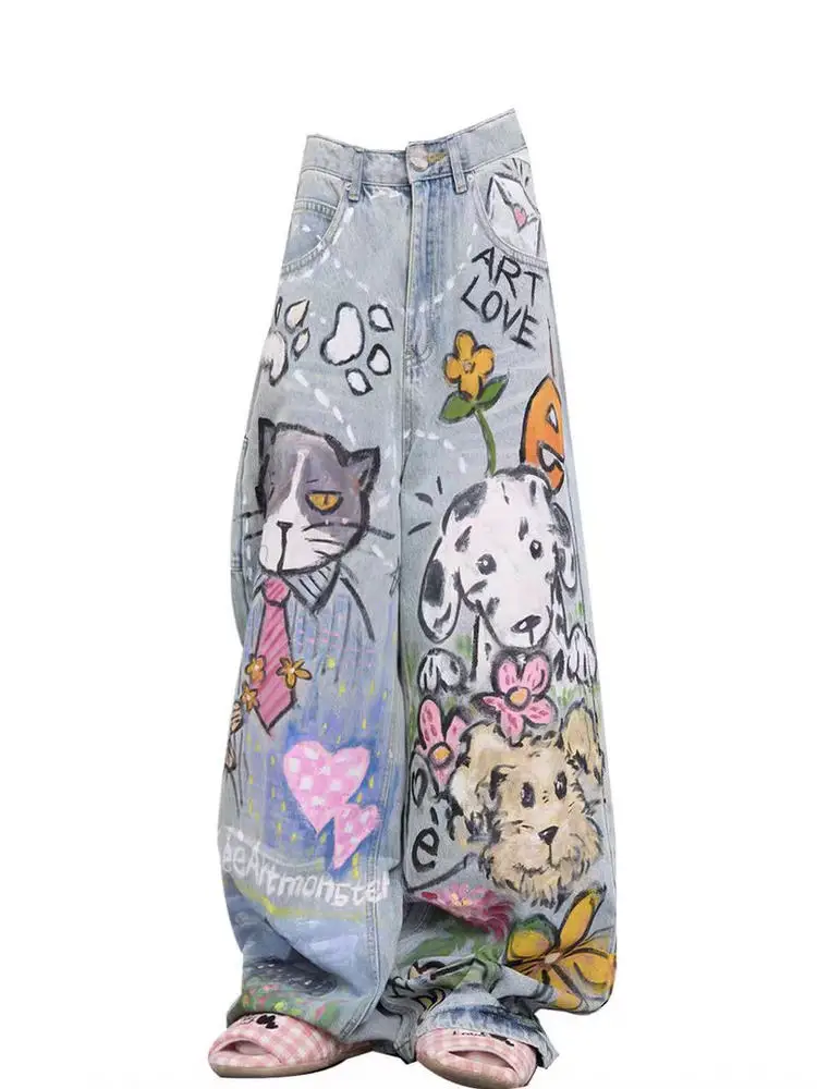 

Retro American Street Art Dog Graffiti Denim Jeans High Waist Straight Leg Wide Leg Pants for Men And Women Autumn New Style