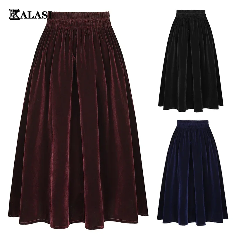 

2023 New Women Autumn Winter Skirt Pockets Black Blue A Line Retro Vintage High Waist Long Midi Velvet Skirt Kalasi