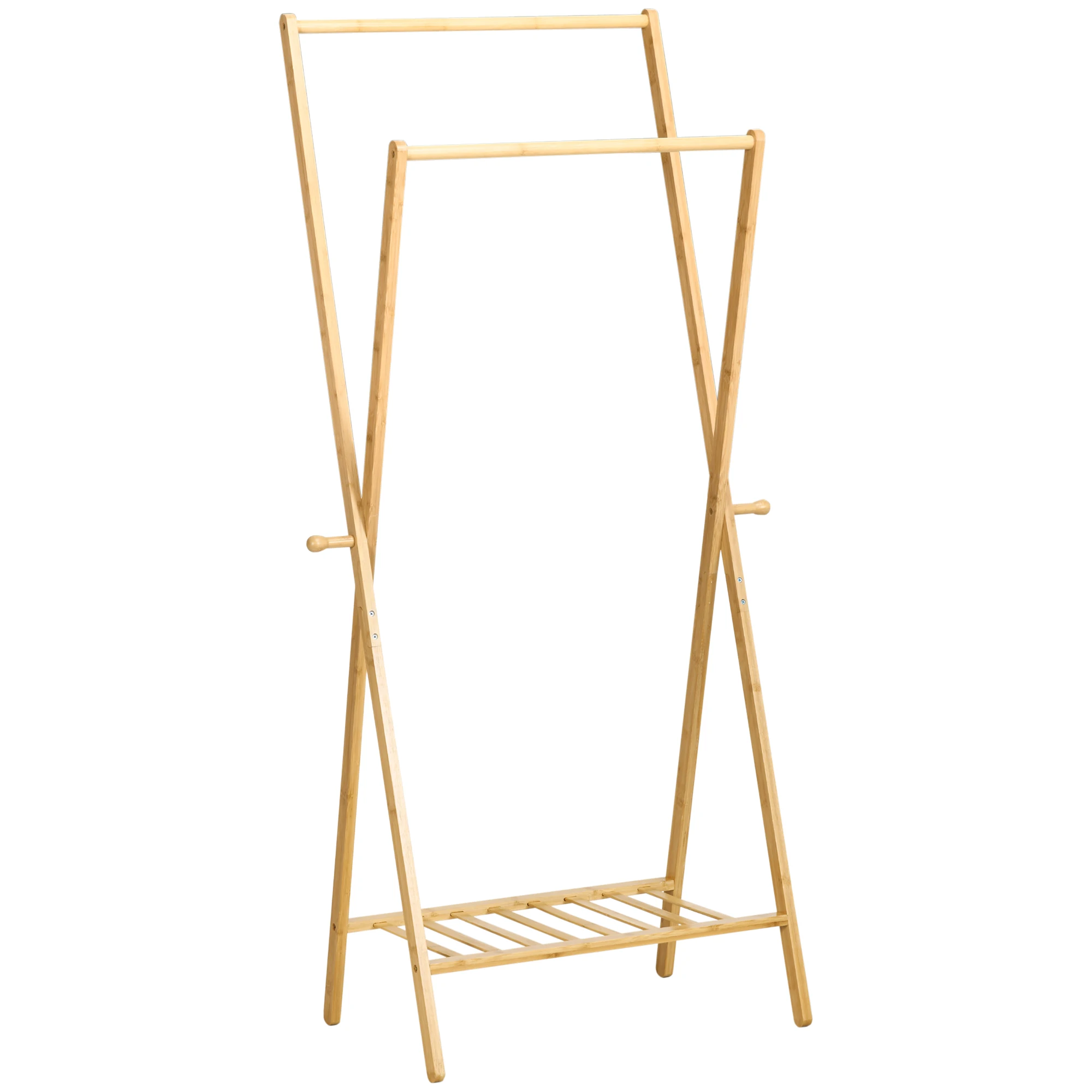 HOMCOM bamboo stand rack rack with shoe rack clothes hanger with 2 bars and 2 hanging hooks for hallway entrance bedroom 74x42x150 cm Natural