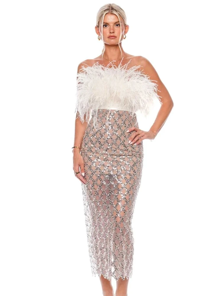 

BEVENCCEL 2023 New Summer Women's Mesh Sexy Strapless Sequin White Feather Midi Dress Elegant Celebrity Party Evening Dress