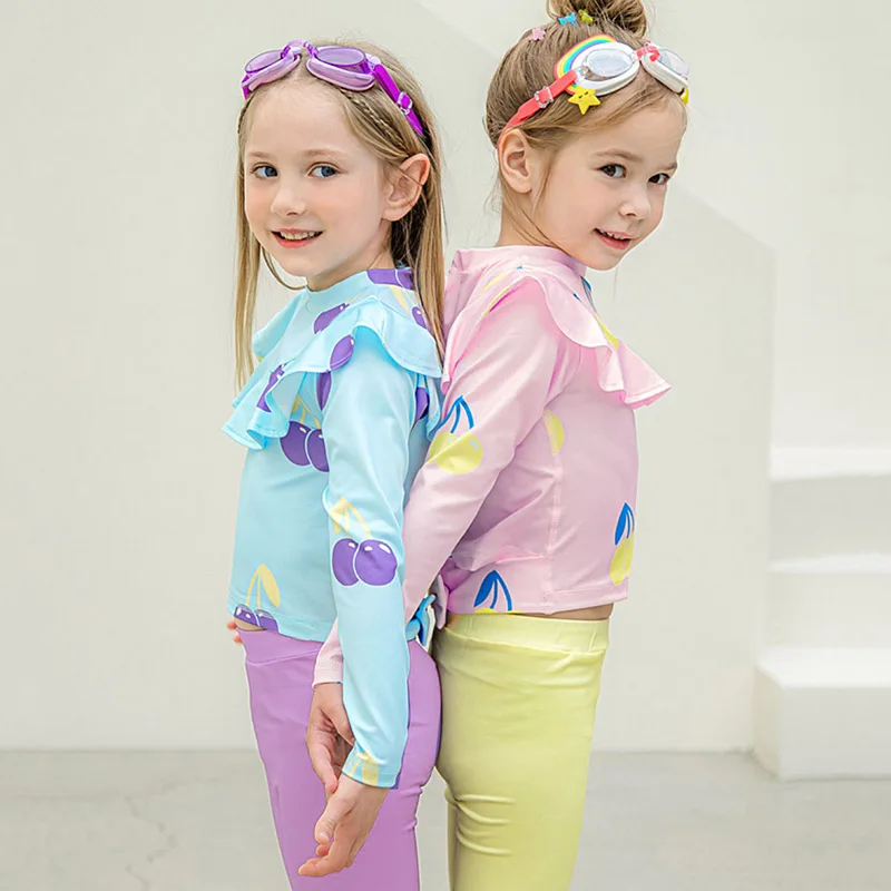 Fashion 2 Piece Kids Girls Swimming Suit Cherry Pattern Long Sleeve Sun Protection Quick-Drying Rash Guard Tankini