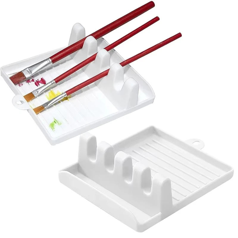 White Plastic 4 Slots Stand Organizer Drip Tray Pad Paint Brush Pad Drip Tray Pad For Watercolor Oil Acrylic Drip Tray Stand Pad