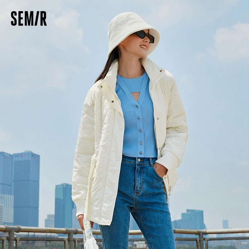 Semir Cotton Jacket Women Mid-Length Waist Stand Collar Temperament 2023 Winter New Diamond Check Loose Elegant Thin Cotton Jack