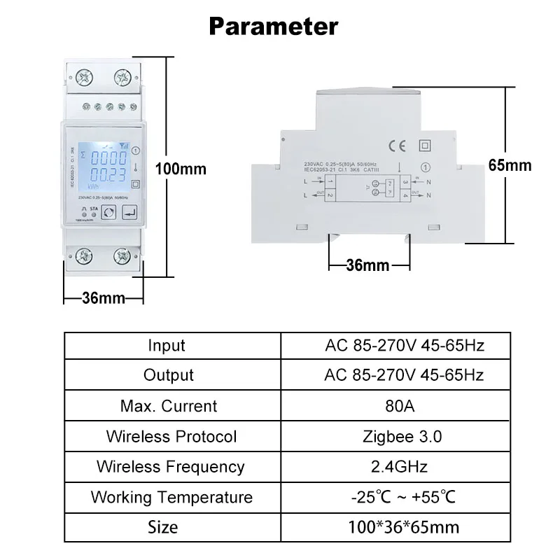 Tuya Smart ZigBee Energy Meter Bidirectional Single Phase 80A Din Rail Power Monitor Wattmeter Voltmeter Ampermeter 110V 240VAC