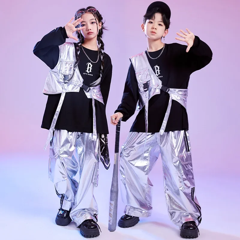 طفل الهيب هوب الملابس الفضة واحد الكتف سترة البلوز أعلى عارضة السراويل البضائع واسعة لفتاة صبي الجاز ملابس الرقص زي الملابس