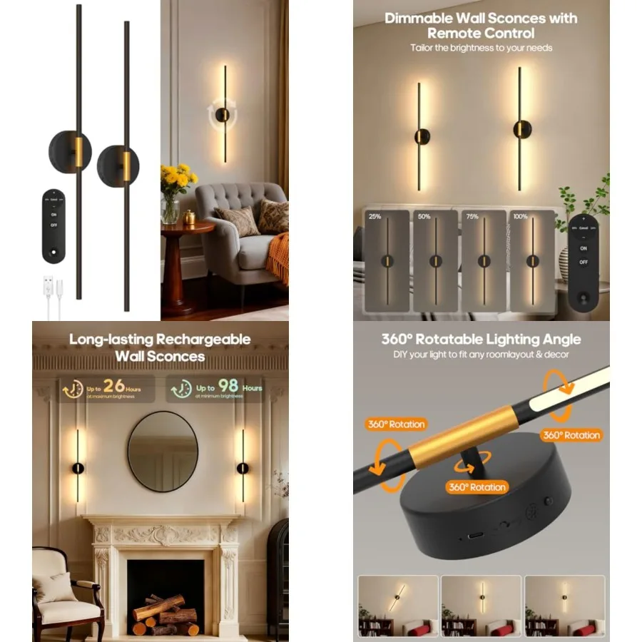 

Battery Operated Wall Sconces Set of 2, 360° Rotatable Wall Sconce with Remote, 3000K Dimmable Magnetic Mount Wall Sconces, Rec