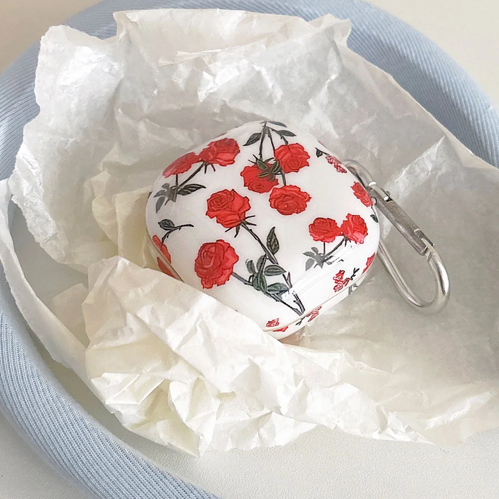 حافظة كورية باللون الأحمر الوردي لهاتف سامسونج جالاكسي Buds FE Buds 2 Pro مضادة للخدش على شكل زهرة غطاء سماعة أذن لهاتف Galaxy Buds Live 2 Pro