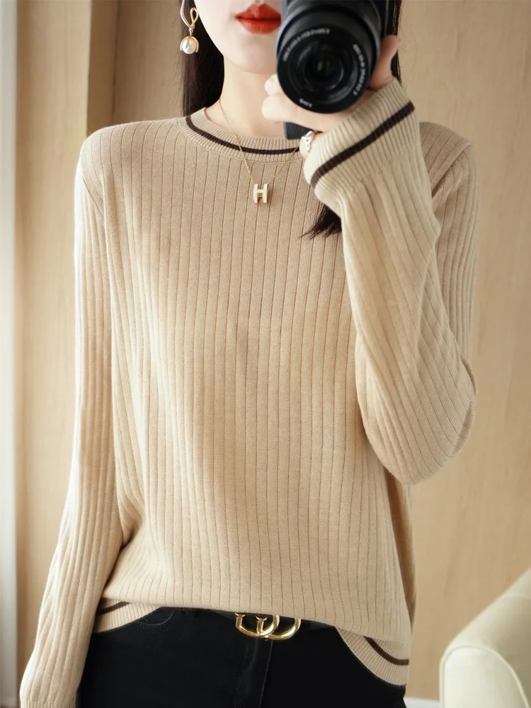 Autumn Winter New Wool Blend Sweater Woman Color Contrast O-Neck Pullover Casual Knitted Strip Drawing Tops Female Loose Sweater