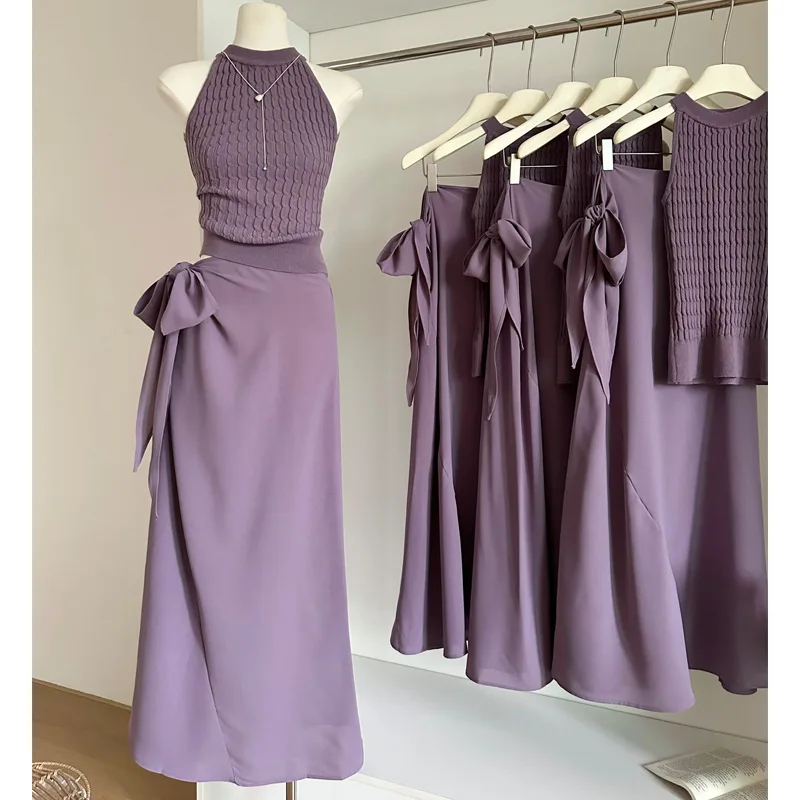 

2026 New Summer Women's Purple Sleeveless Vest Top Elegant Casual Outfit With Tie Up Skirt Fashion Matching Set