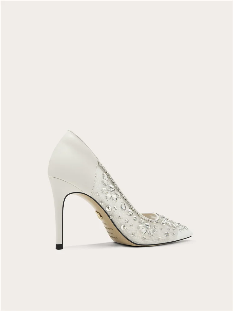 Spring and summer pointed shallow mouth mesh crystal wedding shoes banquet big size small size slim heel high-heeled women shoes