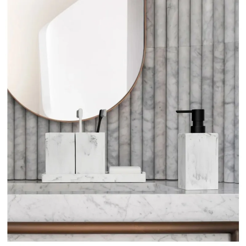 Bathroom Accessories Vanity Countertop Accessory Set Marble Look Lotion Dispenser Tumbler Toothbrush Holder Tray